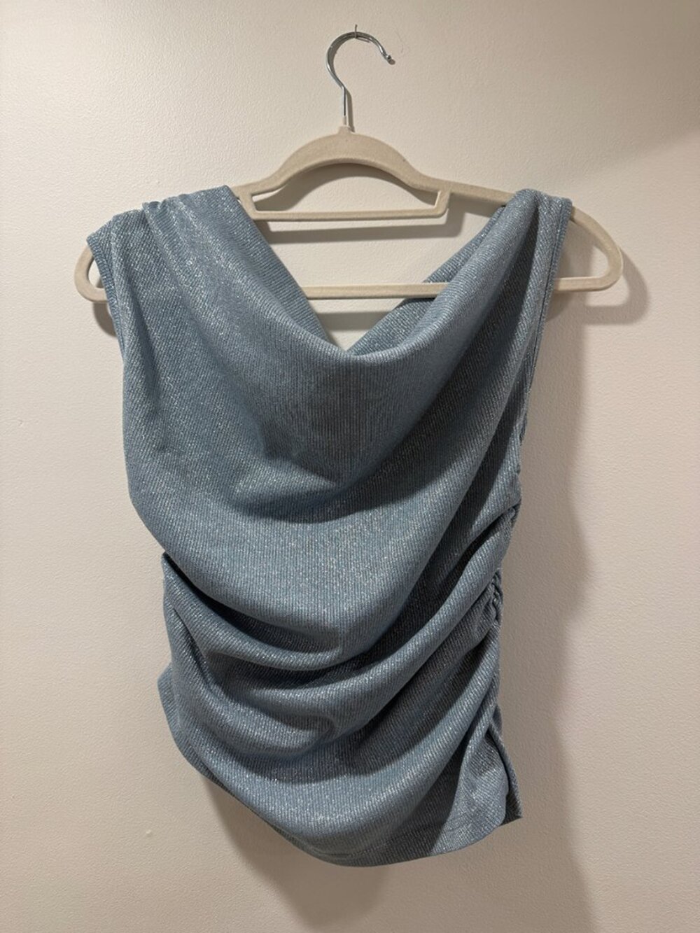 Cider Blue Metallic Ruched Cowl Neck Top Size Large